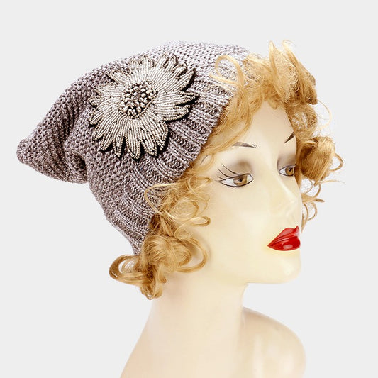HATEGORY Beaded flower knit beanie hat