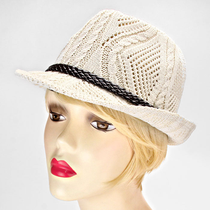 HATEGORY leather Trim Cable Knitted Fedora Hat