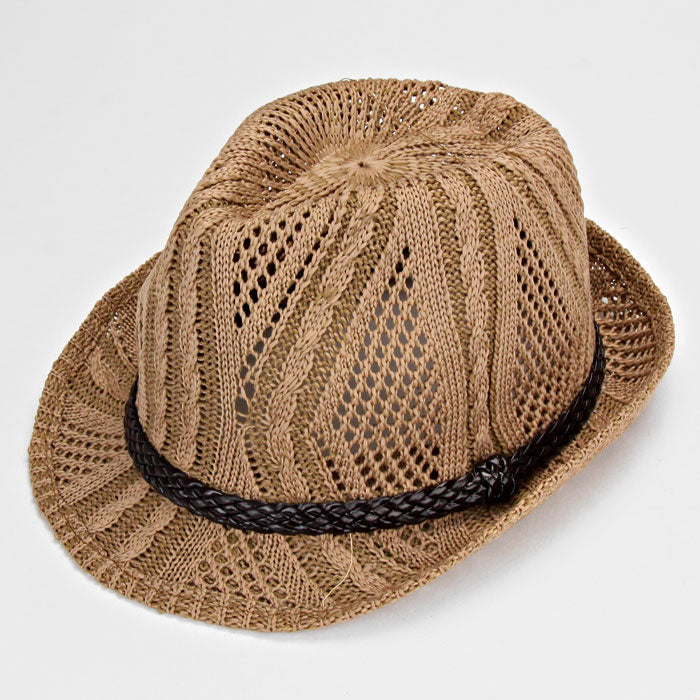 HATEGORY leather Trim Cable Knitted Fedora Hat