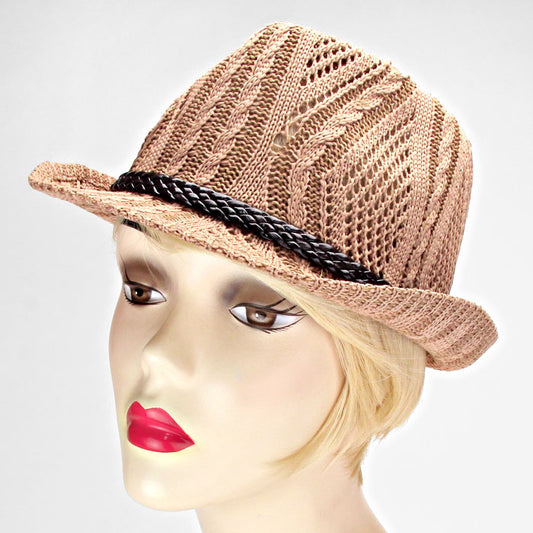 HATEGORY leather Trim Cable Knitted Fedora Hat