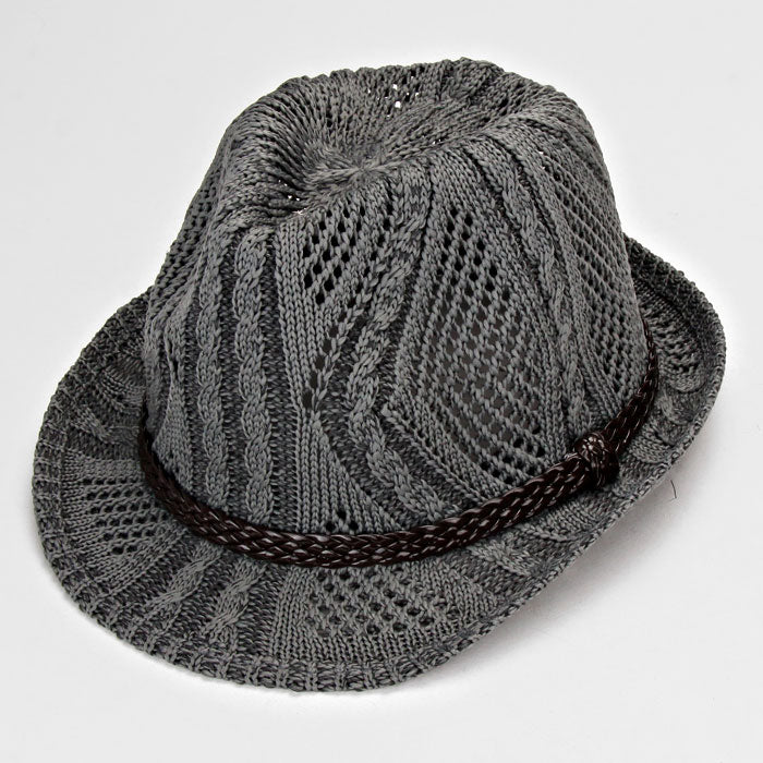 HATEGORY leather Trim Cable Knitted Fedora Hat