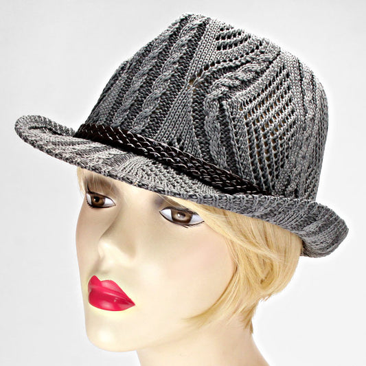 HATEGORY leather Trim Cable Knitted Fedora Hat
