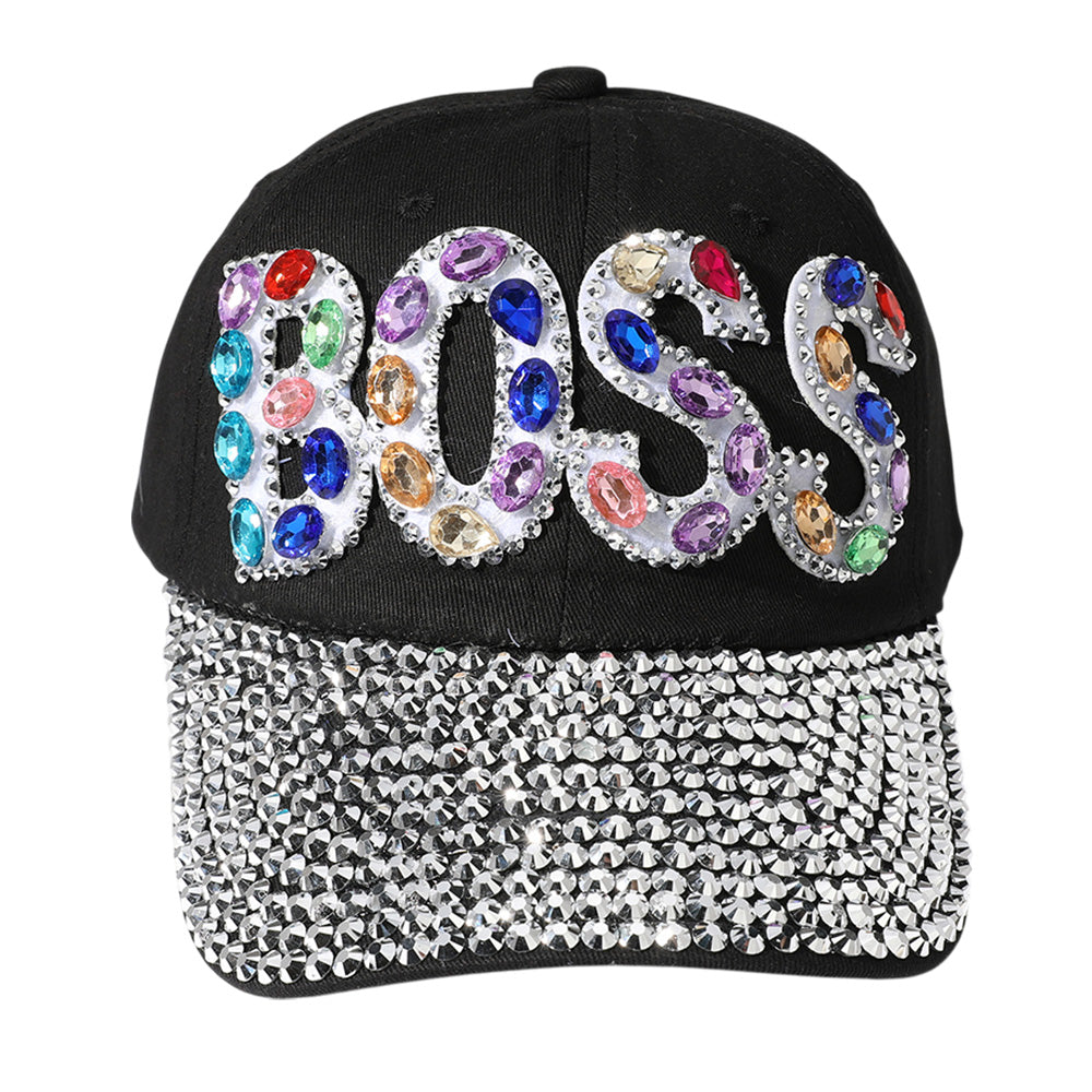 HATEGORY Oval Rhinestone Cluster Embellished BOSS Message Bling Studded Glam Baseball Cap