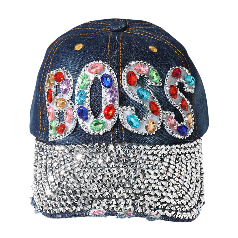 HATEGORY Oval Rhinestone Cluster Embellished BOSS Message Bling Studded Glam Baseball Cap