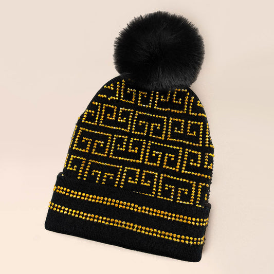HATEGORY Bling Greek Pattern Pom Pom Beanie Hat