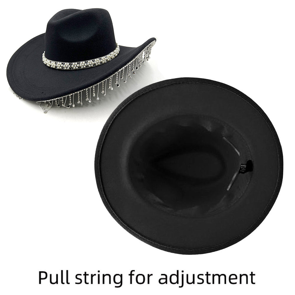 HATEGORY Pearl Flower Cluster Embellished Band Pointed Rhinestone Stone Paved Fringe Around Cowboy Western Hat