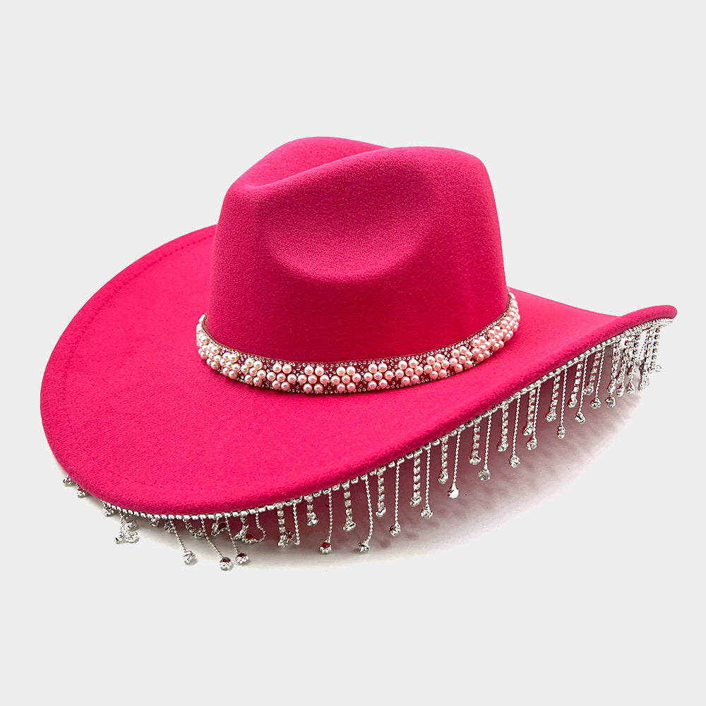 HATEGORY Pearl Flower Cluster Embellished Band Pointed Rhinestone Stone Paved Fringe Around Cowboy Western Hat