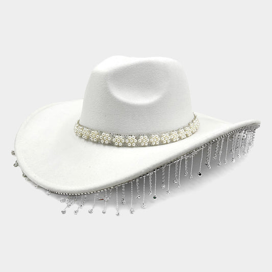 HATEGORY Pearl Flower Cluster Embellished Band Pointed Rhinestone Stone Paved Fringe Around Cowboy Western Hat