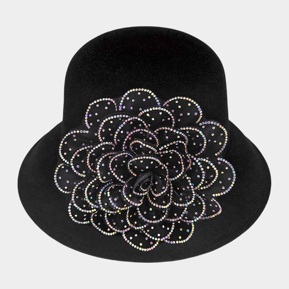 HATEGORY Bling Studded Flower Felt Wedding Jazz Church Bucket Hat