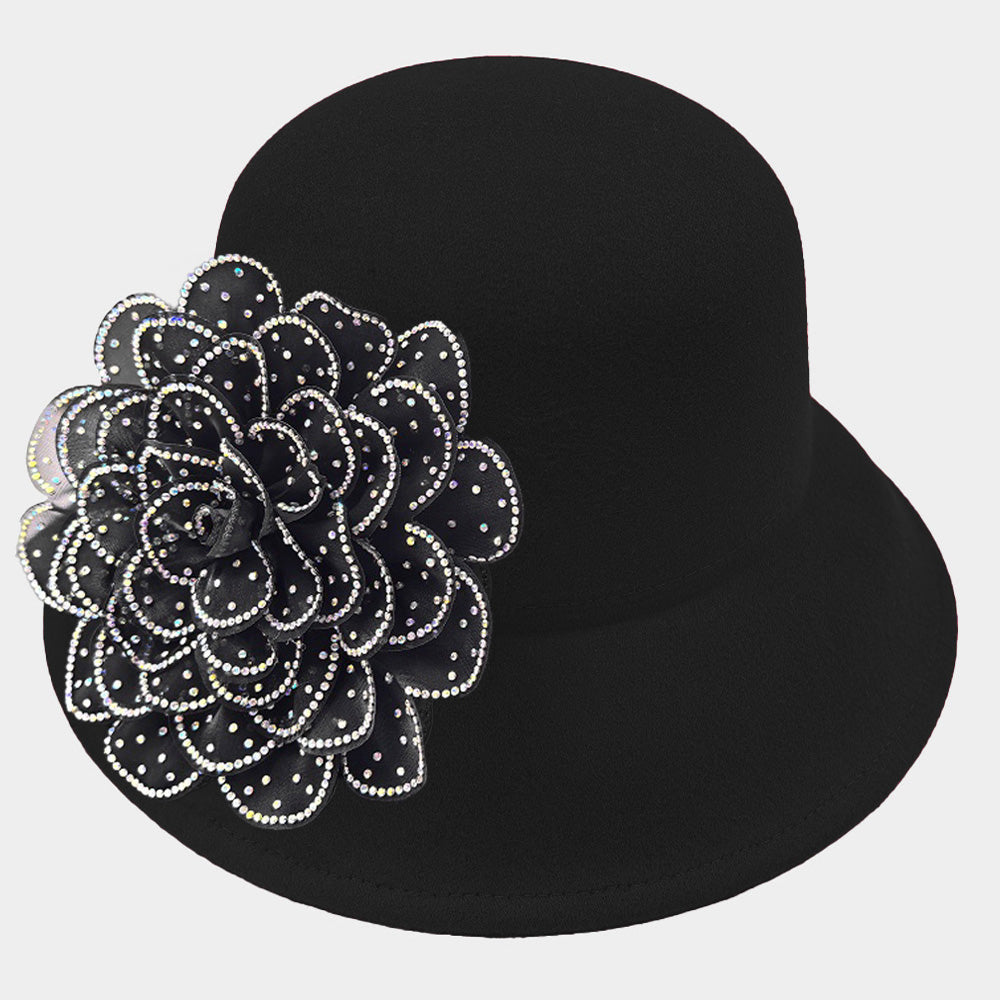 HATEGORY Bling Studded Flower Felt Wedding Jazz Church Bucket Hat