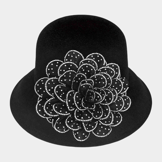 HATEGORY Bling Studded Flower Felt Wedding Jazz Church Bucket Hat