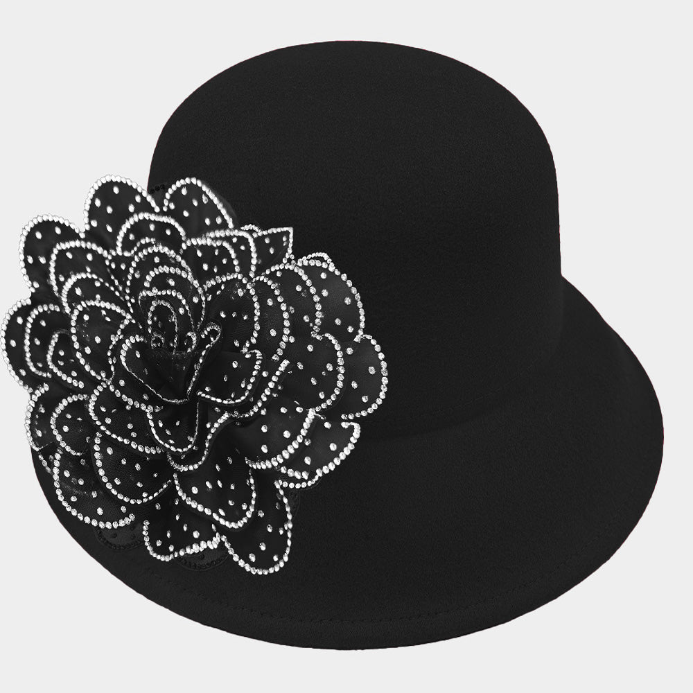 HATEGORY Bling Studded Flower Felt Wedding Jazz Church Bucket Hat