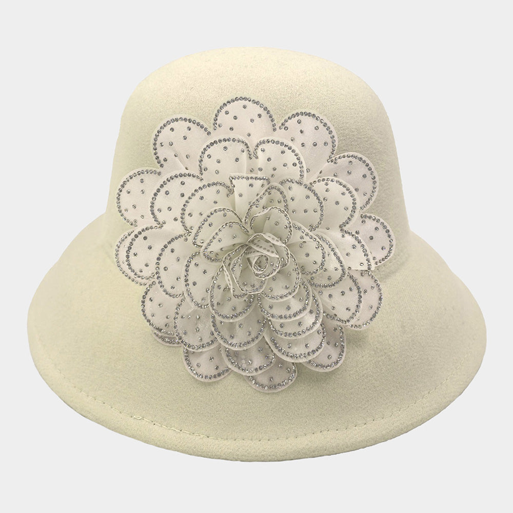 HATEGORY Bling Studded Flower Felt Wedding Jazz Church Bucket Hat