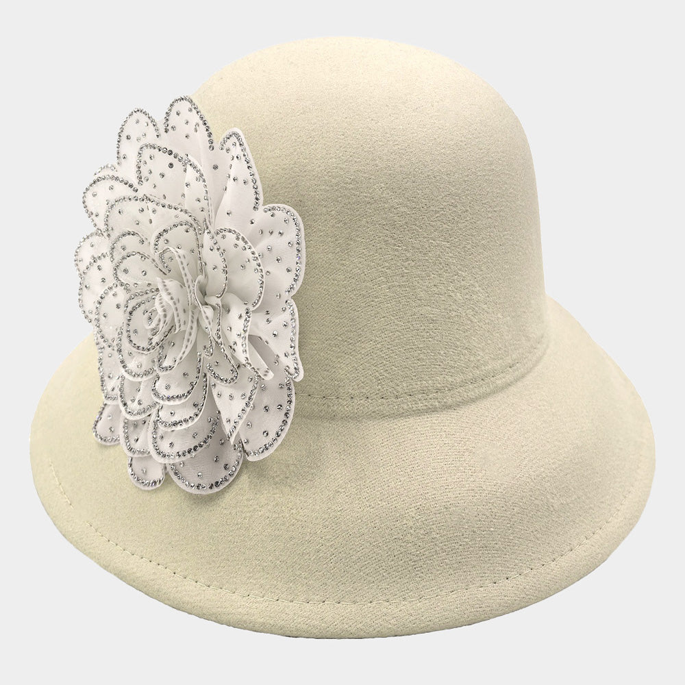 HATEGORY Bling Studded Flower Felt Wedding Jazz Church Bucket Hat