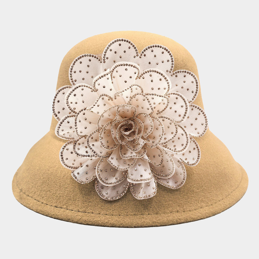 HATEGORY Bling Studded Flower Felt Wedding Jazz Church Bucket Hat