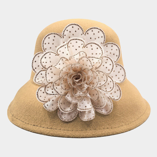 HATEGORY Bling Studded Flower Felt Wedding Jazz Church Bucket Hat