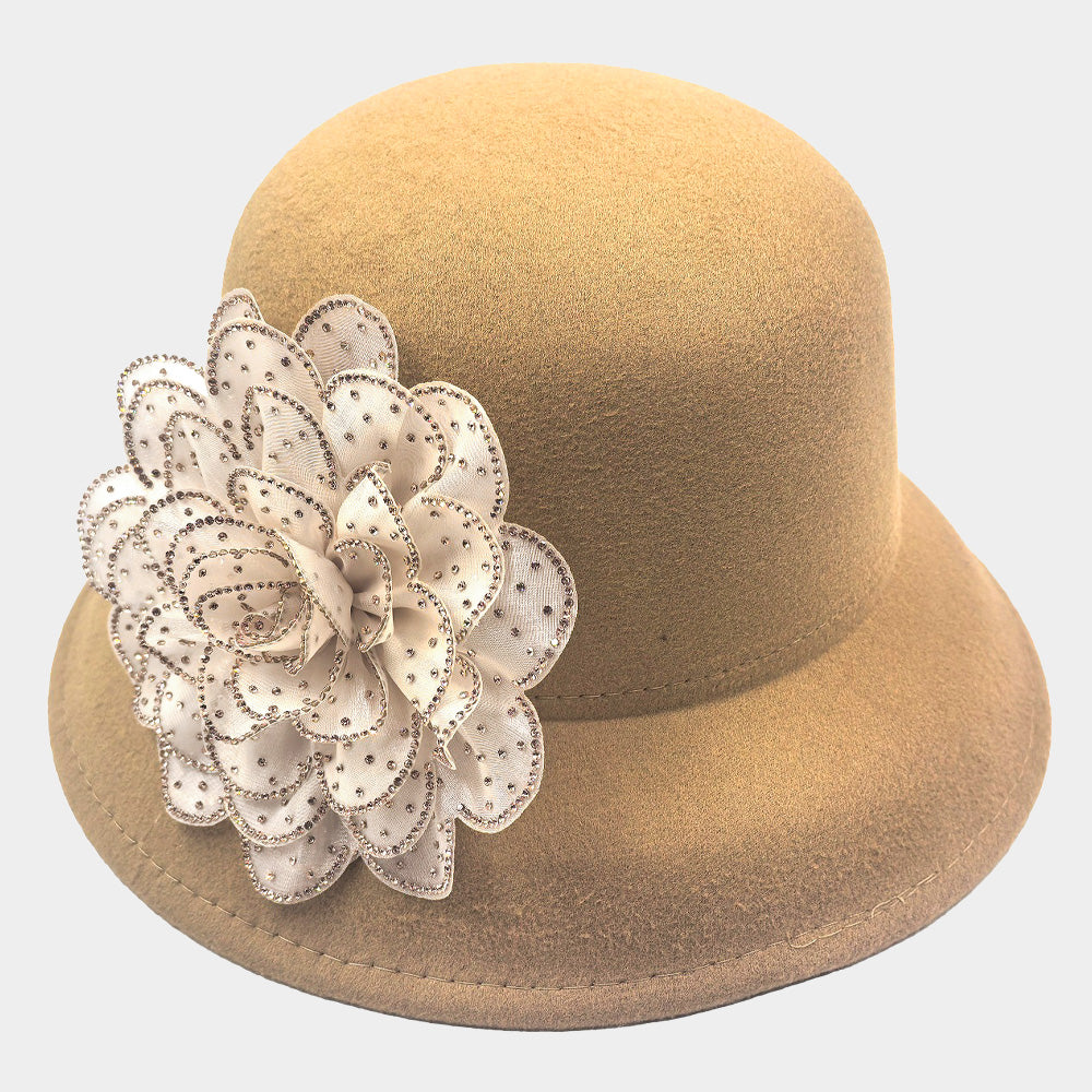 HATEGORY Bling Studded Flower Felt Wedding Jazz Church Bucket Hat