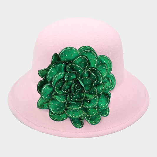 HATEGORY Bling Studded Flower Felt Wedding Jazz Church Bucket Hat