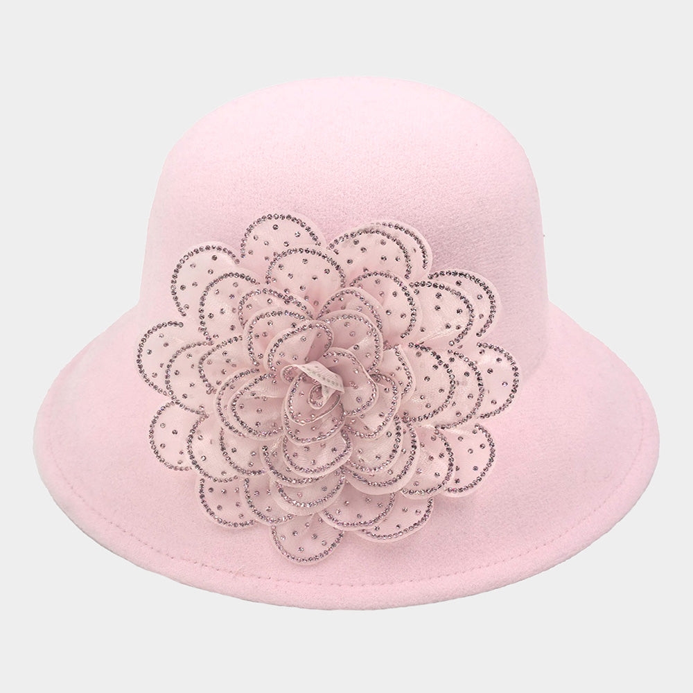 HATEGORY Bling Studded Flower Felt Wedding Jazz Church Bucket Hat