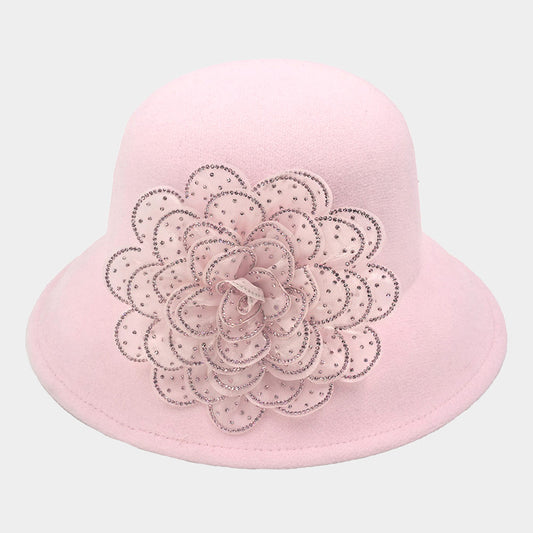 HATEGORY Bling Studded Flower Felt Wedding Jazz Church Bucket Hat