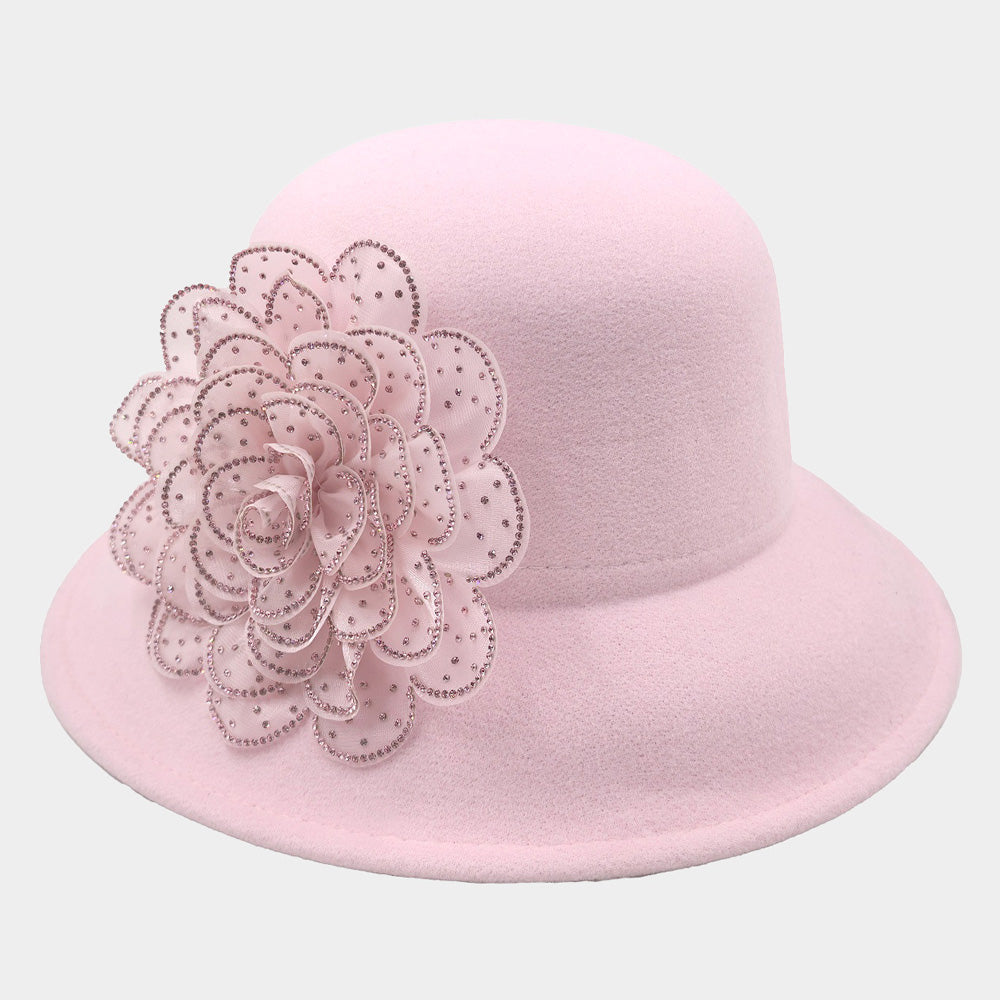 HATEGORY Bling Studded Flower Felt Wedding Jazz Church Bucket Hat