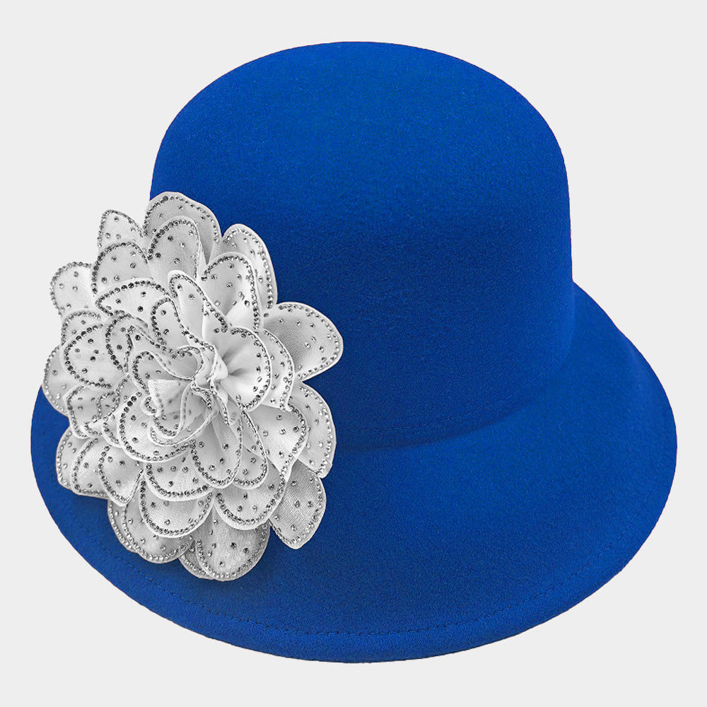 HATEGORY Bling Studded Flower Felt Wedding Jazz Church Bucket Hat