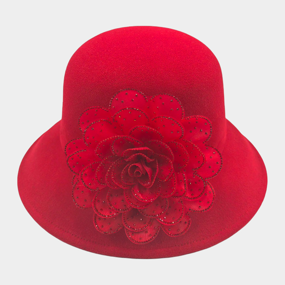 HATEGORY Bling Studded Flower Felt Wedding Jazz Church Bucket Hat