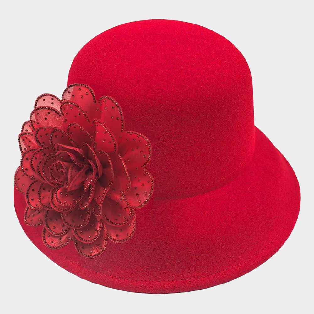 HATEGORY Bling Studded Flower Felt Wedding Jazz Church Bucket Hat