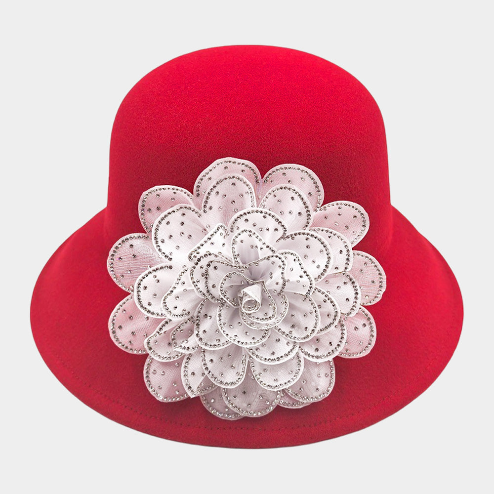 HATEGORY Bling Studded Flower Felt Wedding Jazz Church Bucket Hat