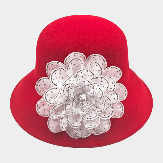 HATEGORY Bling Studded Flower Felt Wedding Jazz Church Bucket Hat