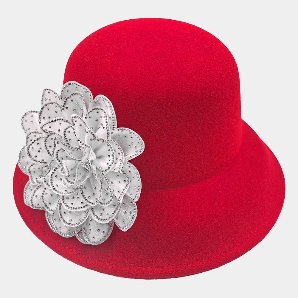 HATEGORY Bling Studded Flower Felt Wedding Jazz Church Bucket Hat