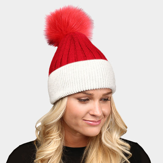 HATEGORY Two Toned Faux Pom Pom Winter Beanie