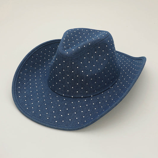HATEGORY Sparkling Rhinestone Embellished Denim Western Cowboy Fedora Hat