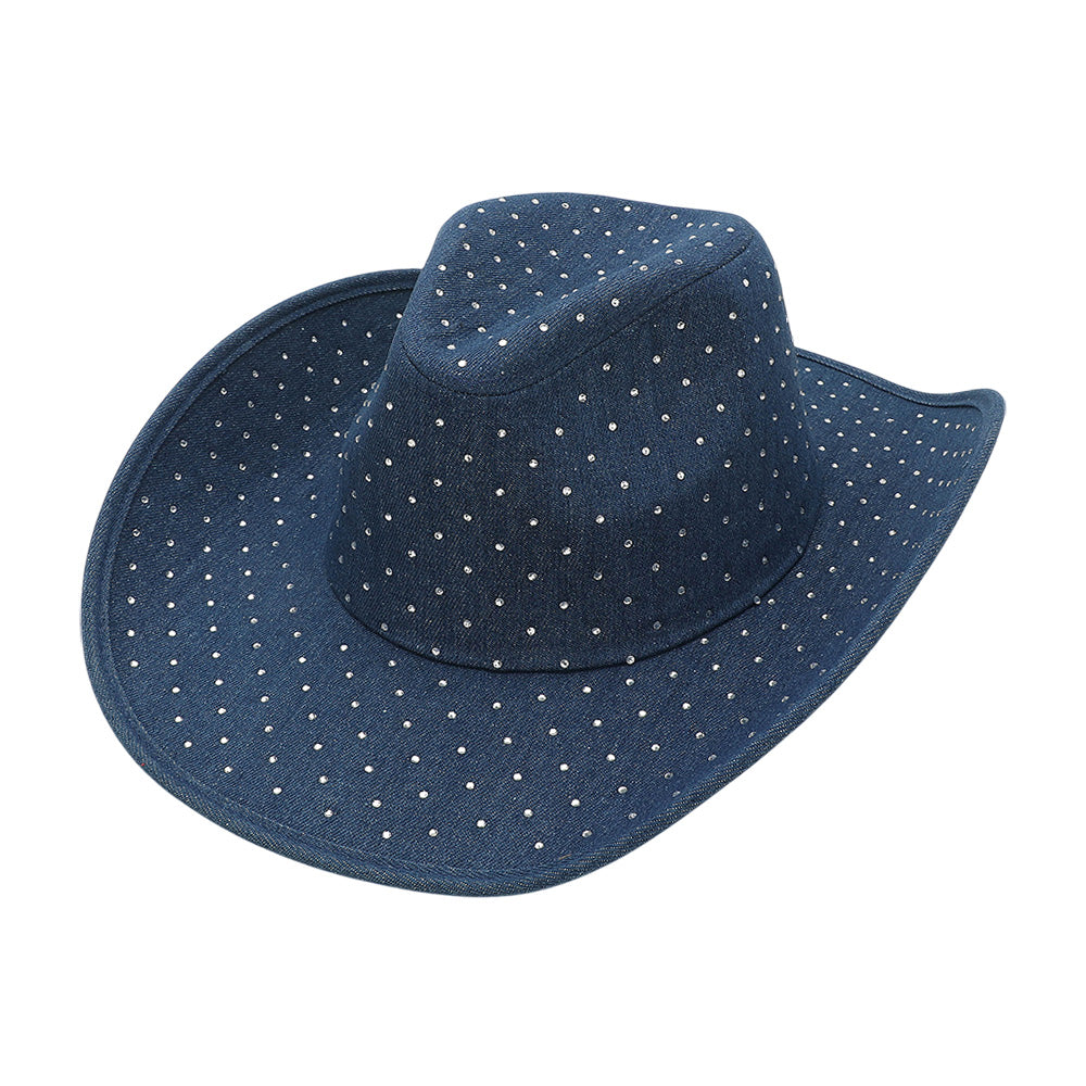 HATEGORY Sparkling Rhinestone Embellished Denim Western Cowboy Fedora Hat