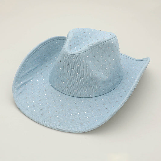 HATEGORY Sparkling Rhinestone Embellished Denim Western Cowboy Fedora Hat