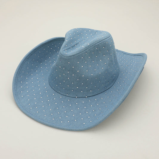 HATEGORY Sparkling Rhinestone Embellished Denim Western Cowboy Fedora Hat