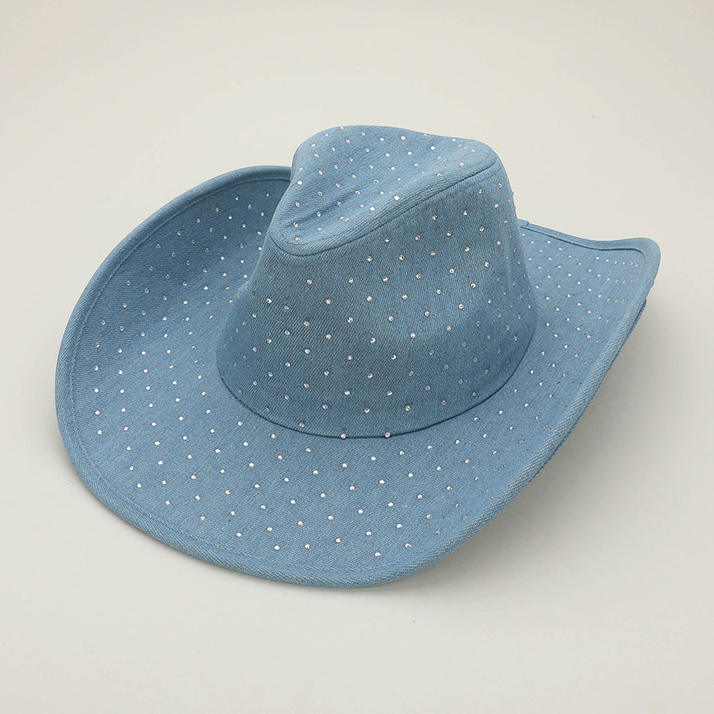 HATEGORY Sparkling Rhinestone Embellished Denim Western Cowboy Fedora Hat