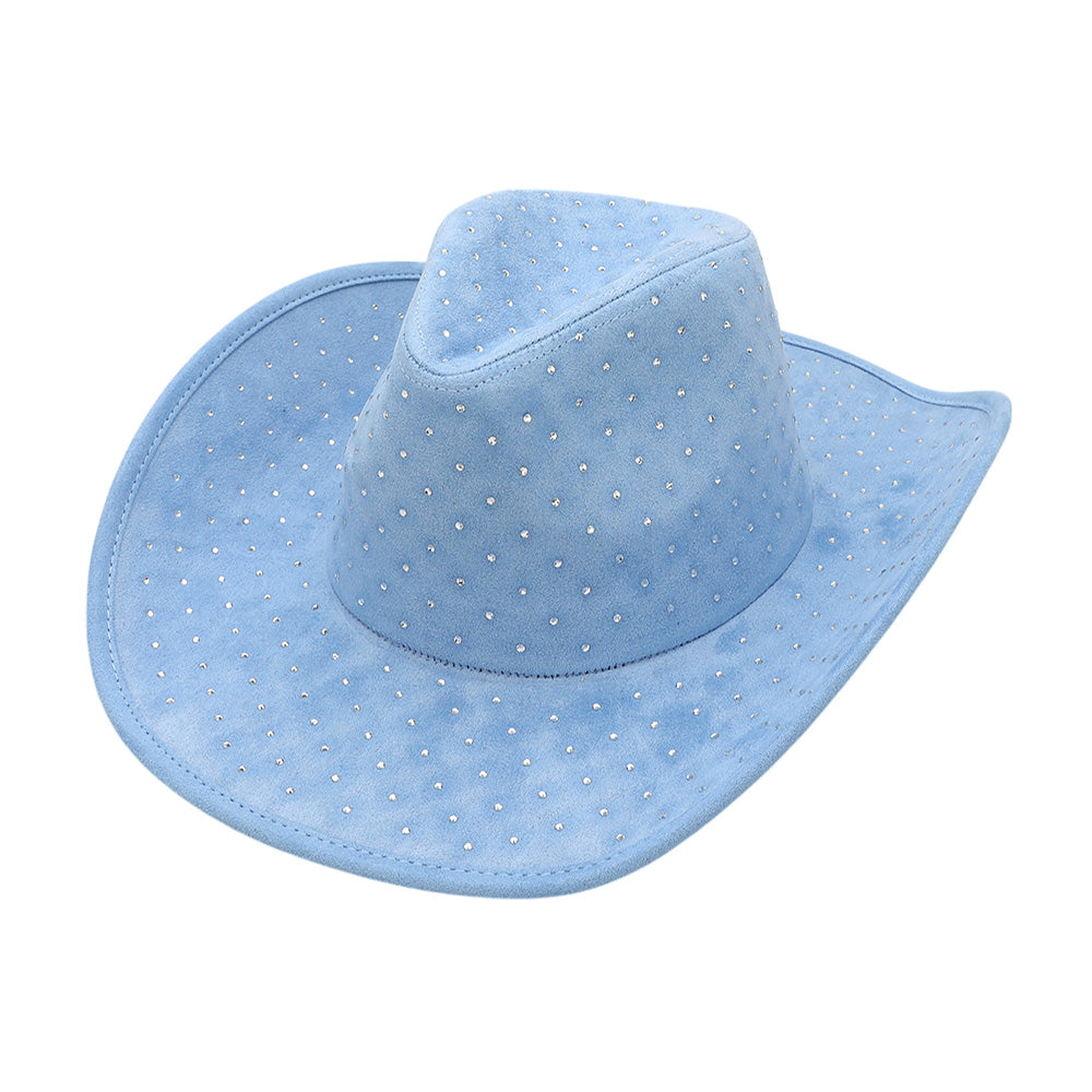 HATEGORY Rhinestone Embellished Faux Suede Western Cowboy Fedora Hat