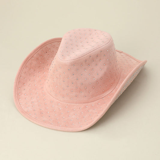 HATEGORY Rhinestone Embellished Faux Suede Western Cowboy Fedora Hat