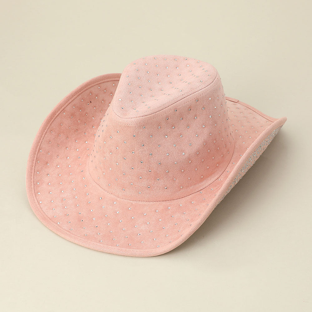 HATEGORY Rhinestone Embellished Faux Suede Western Cowboy Fedora Hat