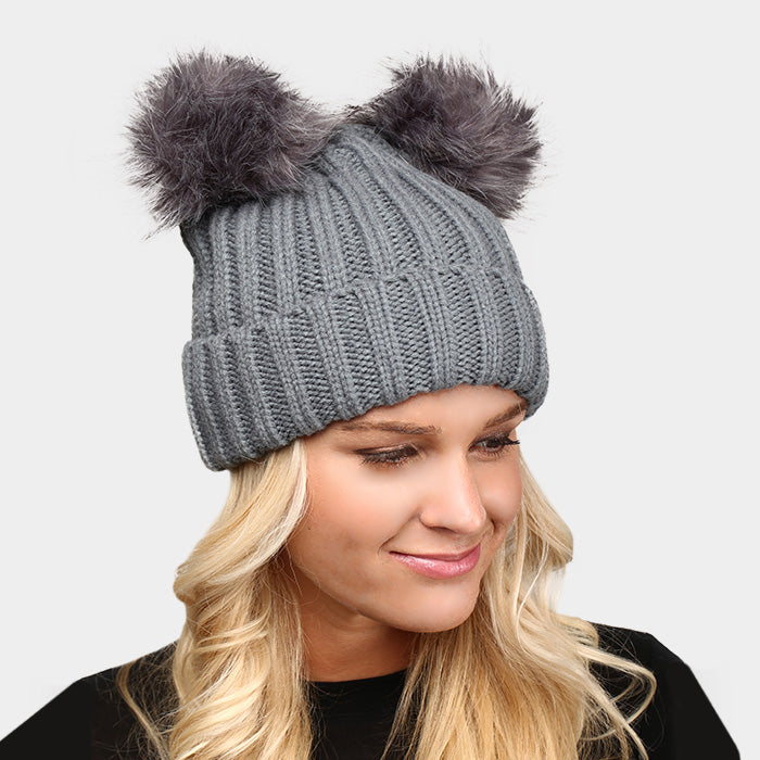 HATEGORY Double Faux Pom Pom Winter Beanie