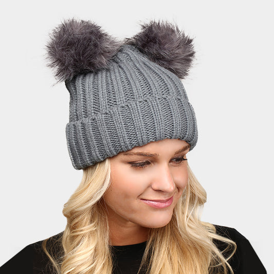 HATEGORY Double Faux Pom Pom Winter Beanie