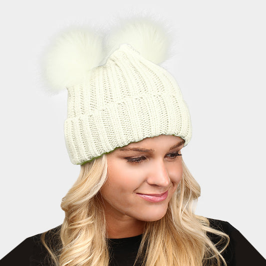 HATEGORY Double Faux Pom Pom Winter Beanie