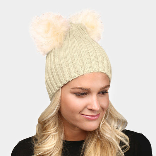 HATEGORY Solid Double Faux Fur Pom Pom Beanie