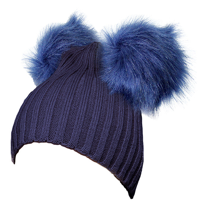 HATEGORY Solid Double Faux Fur Pom Pom Beanie