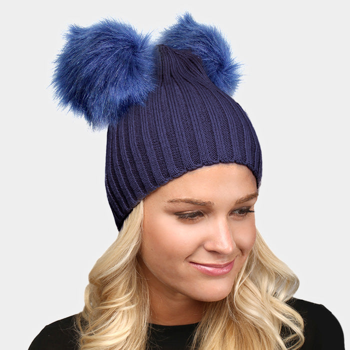 HATEGORY Solid Double Faux Fur Pom Pom Beanie