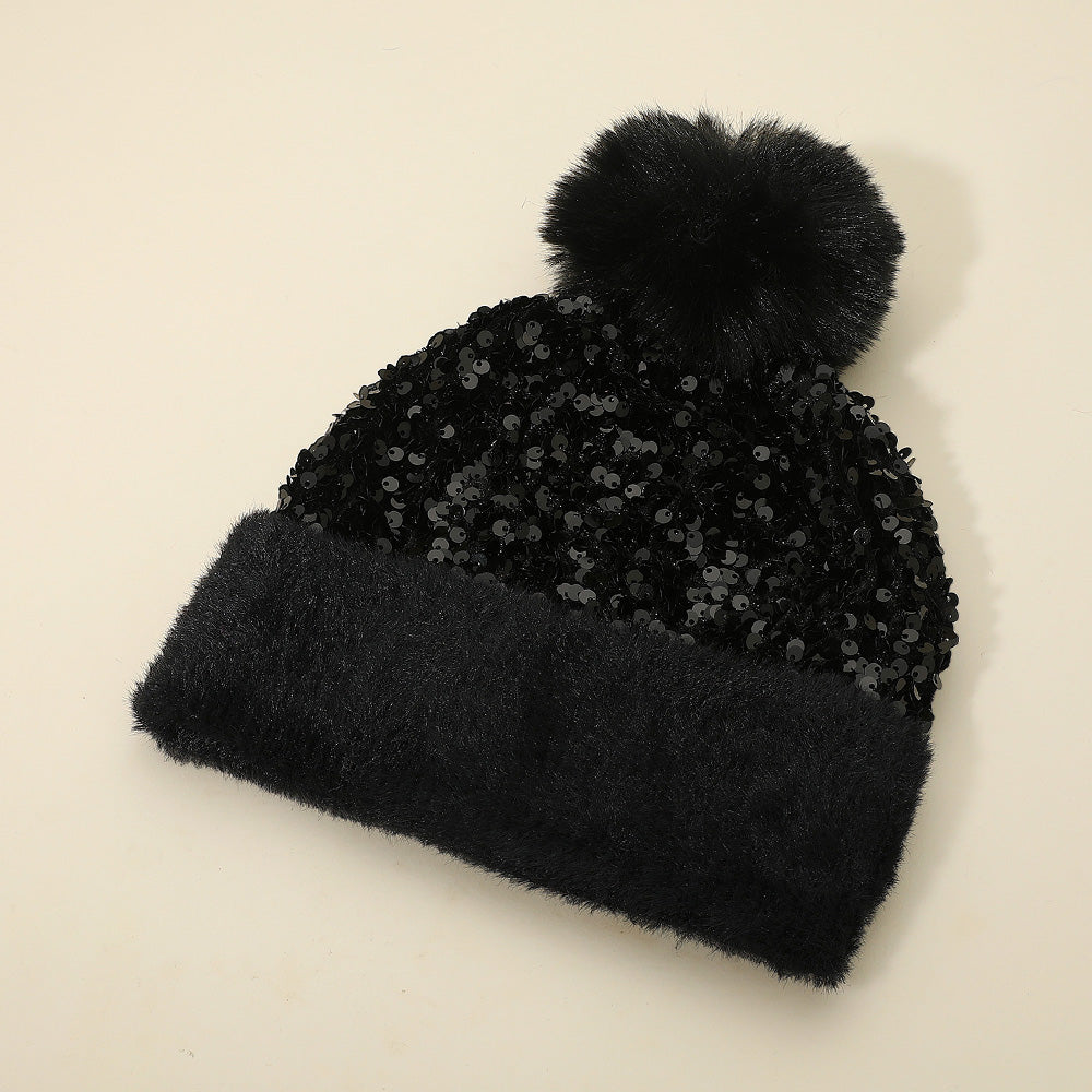 HATEGORY Sequin Embellished Pom Pom Beanie Hat