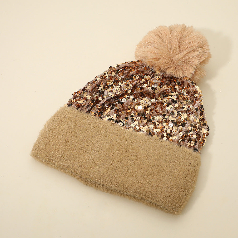 HATEGORY Sequin Embellished Pom Pom Beanie Hat
