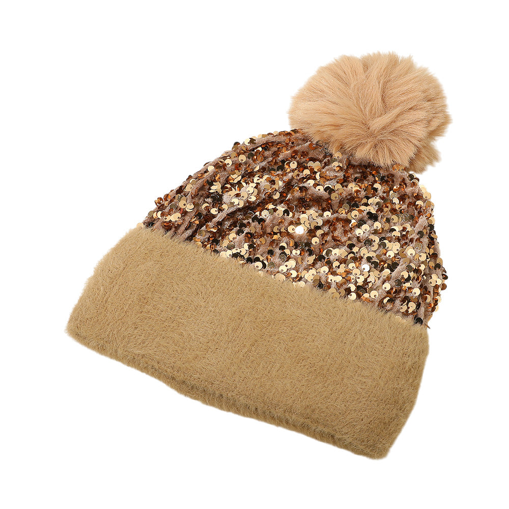 HATEGORY Sequin Embellished Pom Pom Beanie Hat