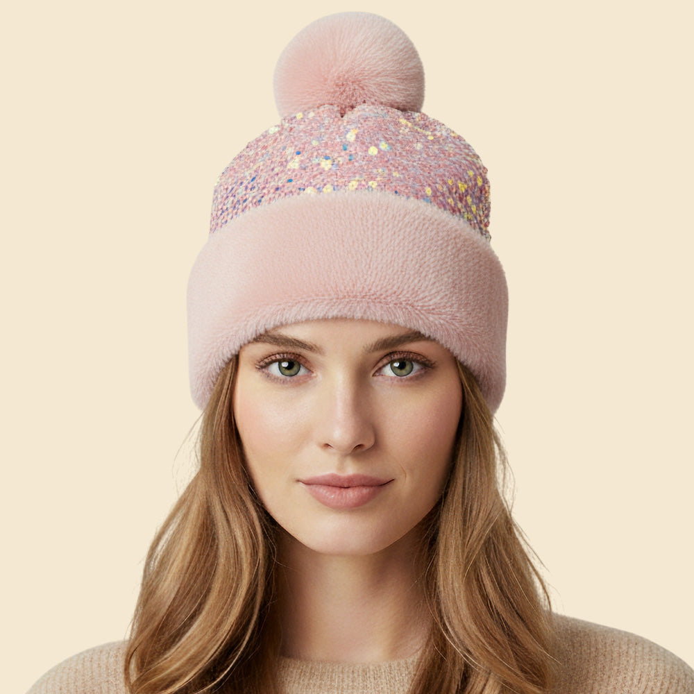 HATEGORY Sequin Embellished Pom Pom Beanie Hat